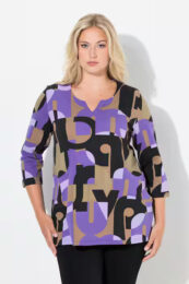 UllaPopken Purple Letter Top with abstract letter print, notch neckline and 3/4 sleeves in soft stretch cotton