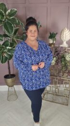 ONLY Carvica Blueprint Blouse in blue and white abstract print with boat neck and short sleeves, styled with navy trousers at Michelle’s Curvy Boutique