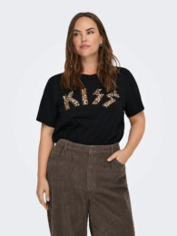 ONLY Kiss TShirt in black with leopard print Kiss lettering and stud detailing, round neck and short sleeves
