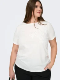 ONLY White Pearl TShirt with round neck, short sleeves and embroidered floral detail with pearl embellishment