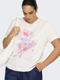 ONLY Self Love TShirt with round neck and short sleeves in cream with floral front print and rhinestone detail