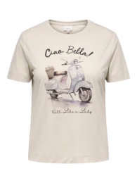 ONLY Ciao Bella Tee with round neck, short sleeves and scooter graphic print with rhinestone detail