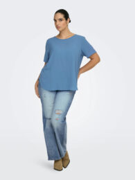ONLY Carvica Riviera Top in Riviera Blue with boat neck, short sleeves and button loop fastening