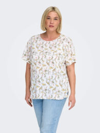 ONLY Carvica Meadow Top with soft floral print in white, pink, yellow and green, boat neck and short sleeves.
