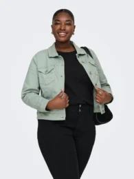 ONLY Denim Jacket in sage green with button front, classic collar and long sleeves