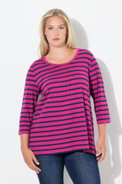 UllaPopken Striped Tee in Summer Berry with navy stripes, scoop neck with pleats, 3/4 sleeves and relaxed A-line cotton fit