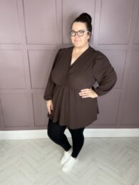 The Amy Top (Chocolate) faux wrap V-neck balloon sleeve A-line top with pockets in rich chocolate brown