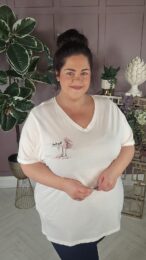 ONLY High Heels TShirt in soft white organic cotton with V-neck, rhinestone high heel graphic and short sleeves worn at Michelle’s Curvy Boutique