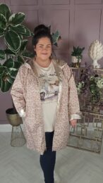 ONLY Reversible Leopard Jacket in pink leopard print with metallic gold reverse, hooded zip-up transitional jacket worn in Michelle’s Curvy Boutique