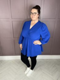 The Amy Top (Royal Blue) faux wrap V-neck balloon sleeve A-line top with pockets in rich royal blue