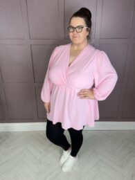 The Amy Top (Baby Pink) faux wrap V-neck balloon sleeve A-line top with pockets in soft baby pink