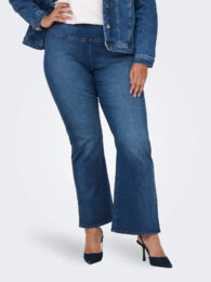 Medium blue flared high waist Lucy jeans with wide waistband and soft stretch denim, plus size flattering fit