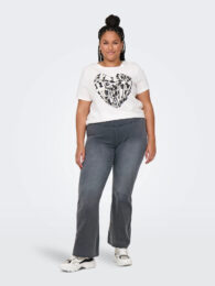 Grey flared high waist Lucy jeans with wide waistband and soft stretch denim, flattering plus size fit
