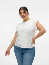VeroModa Tessa Tshirt (White) round neck sleeveless lace frill top with loose fit