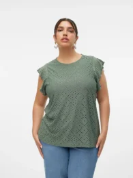 VeroModa Tessa Tshirt (Sage) round neck sleeveless lace frill top with loose fit