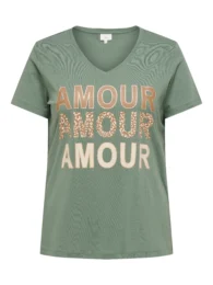 ONLY Amour T-Shirt (Khaki) V-neck cotton T-shirt with amour slogan print and short sleeves