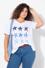 UllaPopken White Starfish Graphic Tee cotton t-shirt with blue starfish print and short sleeves