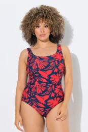UllaPopken High Contrast Tropical Swimsuit navy swimsuit with bold red tropical print and wide straps