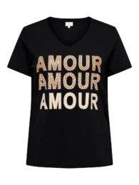 ONLY Amour T-Shirt (Black) V-neck cotton T-shirt with amour slogan print and short sleeves