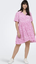 ONLY Pink Carzally Short Dress floral mini dress with v-neck and tiered skirt