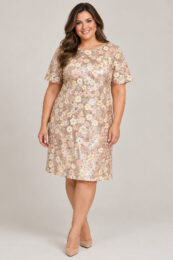 Plus-size floral sequin dress in soft blush pink, champagne and cream with round neckline, short sleeves and knee-length fit