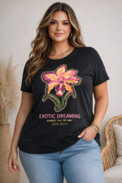 ONLY Exotic Dreaming Tee black cotton t-shirt with tropical flower graphic and slogan print