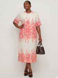 ONLY Pink Flower Midi Dress floral print midi dress with puff sleeves and half button detail