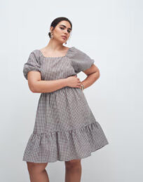 Noisy May chocolate gingham short dress with puff sleeves and tie-back detail