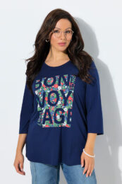 UllaPopken Bon Voyage Top Navy floral slogan print 3/4 sleeve top
