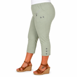 sage green cropped trousers with elasticated waist and decorative zip pocket detail