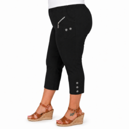 black cropped trousers with elasticated waist and decorative zip pocket detail