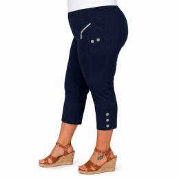 navy cropped trousers with elasticated waist and decorative zip pocket detail