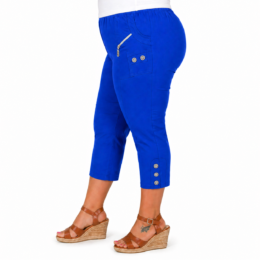 royal blue cropped trousers with elasticated waist and decorative zip pocket detail