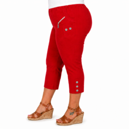red cropped trousers with elasticated waist and decorative zip pocket detail