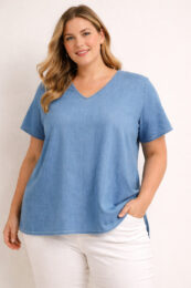 VeroModa Bree Top Denim blue V-neck soft short sleeve top with dipped hem and relaxed fit