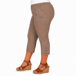 chocolate cropped trousers with elasticated waist and decorative zip pocket detail