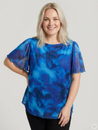 ONLY Blue Lily Boatneck Top mesh floral top with boat neckline and short flutter sleeves