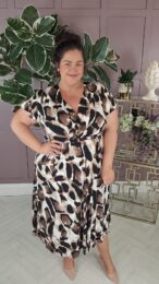 The Leopard Shelly Dress faux wrap midi dress with animal print, V-neck and capped sleeves