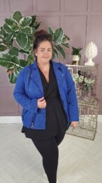 royal blue faux suede jacket with zip detail and soft stretchy fit on model