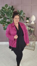 berry faux suede jacket with zip detail and soft stretchy fit on model