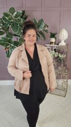 beige faux suede jacket with zip detail and soft stretchy fit on model