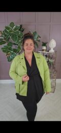 green faux suede jacket with zip detail and soft stretchy fit on model