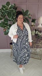 The Sage Whisper Shelly Dress faux wrap midi dress in sage and navy abstract print with capped sleeves