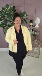 lemon faux suede jacket with zip detail and soft stretchy fit on model
