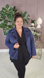 navy faux suede jacket with zip detail and soft stretchy fit on model