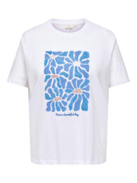 ONLY Beautiful Day TShirt in white with blue floral front print and slogan detail