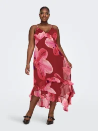 ONLY Floral Midi Dress red floral frill dress with v-neck and ankle length