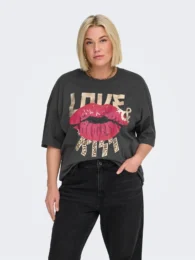 ONLY Love Kiss TShirt in black with bold lip graphic and slogan print on front