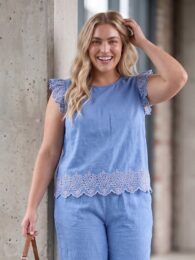 ONLY broderie trim cotton top in soft blue with scallop embroidery and wing sleeves