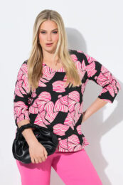 UllaPopken pink and black bow print tee with V neckline and 3/4 sleeves